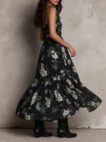 Anaïs | Vestido Largo Asimétrico Sin Tirantes con Estampado Floral Bohemio Negro