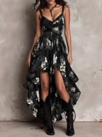 Anaïs | Vestido Largo Asimétrico Sin Tirantes con Estampado Floral Bohemio Negro