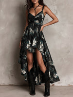 Anaïs | Vestido Largo Asimétrico Sin Tirantes con Estampado Floral Bohemio Negro