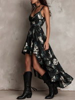 Anaïs | Vestido Largo Asimétrico Sin Tirantes con Estampado Floral Bohemio Negro