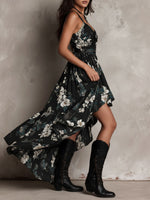 Anaïs | Vestido Largo Asimétrico Sin Tirantes con Estampado Floral Bohemio Negro