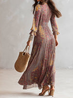 Jacinta | Vestido Largo de Gasa con Escote en V y Estampado Paisley, con Elegante Detalle Fruncido
