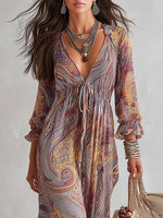 Jacinta | Vestido Largo de Gasa con Escote en V y Estampado Paisley, con Elegante Detalle Fruncido