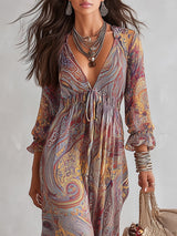 Jacinta | Vestido Largo de Gasa con Escote en V y Estampado Paisley, con Elegante Detalle Fruncido