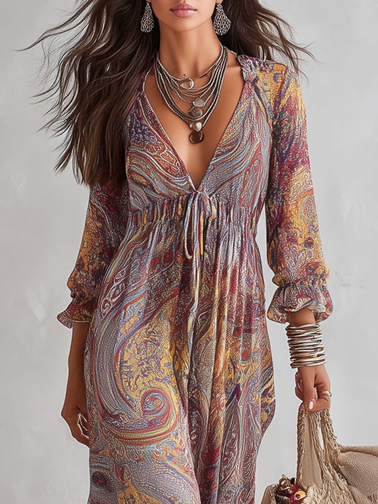 Jacinta | Vestido Largo de Gasa con Escote en V y Estampado Paisley, con Elegante Detalle Fruncido