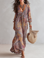 Jacinta | Vestido Largo de Gasa con Escote en V y Estampado Paisley, con Elegante Detalle Fruncido