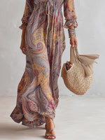 Jacinta | Vestido Largo de Gasa con Escote en V y Estampado Paisley, con Elegante Detalle Fruncido