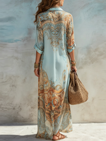 Zoraida | Vestido Camisero Largo Azul con Estampado Floral para Vacaciones