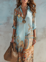 Zoraida | Vestido Camisero Largo Azul con Estampado Floral para Vacaciones