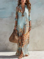 Zoraida | Vestido Camisero Largo Azul con Estampado Floral para Vacaciones