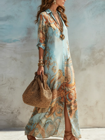 Zoraida | Vestido Camisero Largo Azul con Estampado Floral para Vacaciones