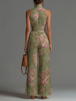 Luzia | Elegante Mono de Gasa Verde con Estampado Floral, Escote en V, Sin Mangas, Cremallera y Pernera Ancha Plisada