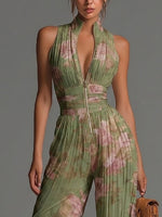 Luzia | Elegante Mono de Gasa Verde con Estampado Floral, Escote en V, Sin Mangas, Cremallera y Pernera Ancha Plisada
