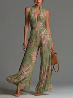 Luzia | Elegante Mono de Gasa Verde con Estampado Floral, Escote en V, Sin Mangas, Cremallera y Pernera Ancha Plisada