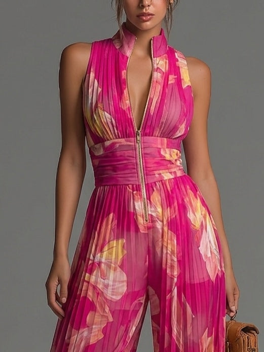 Yara | Mono de Gasa Fucsia con Estampado Floral, Sin Mangas, Cierre de Cremallera, Detalle Plisado y Perneras Anchas