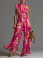 Yara | Mono de Gasa Fucsia con Estampado Floral, Sin Mangas, Cierre de Cremallera, Detalle Plisado y Perneras Anchas