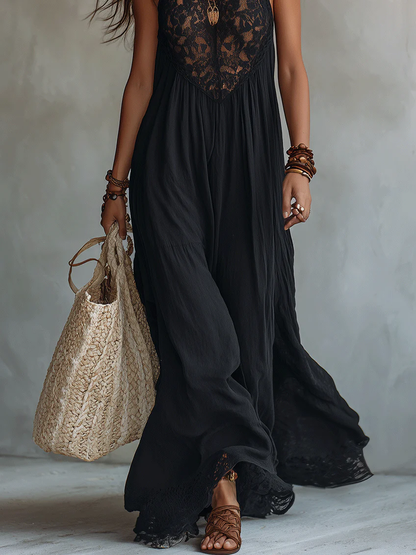 Vestido Largo Bohemio Negro Sin Mangas con Elegante Ribete de Encaje