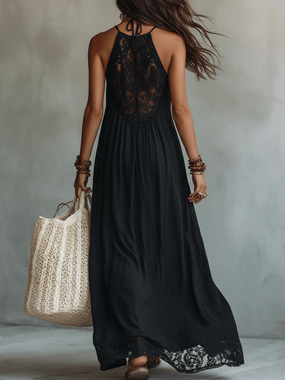 Vestido Largo Bohemio Negro Sin Mangas con Elegante Ribete de Encaje