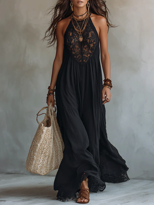 Vestido Largo Bohemio Negro Sin Mangas con Elegante Ribete de Encaje