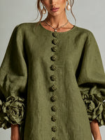 Vestido mini camisero floral verde oliva con puños florales llamativos