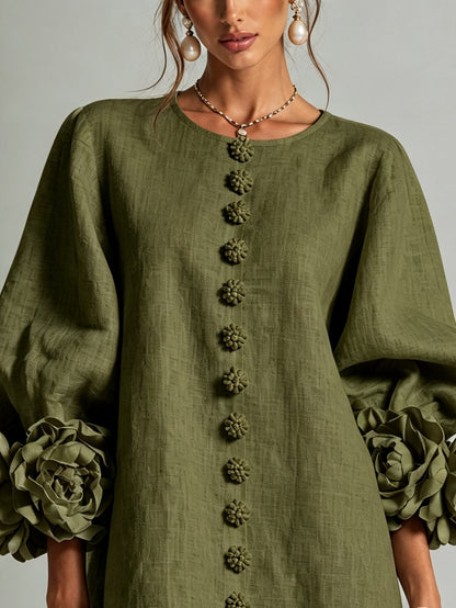 Vestido mini camisero floral verde oliva con puños florales llamativos