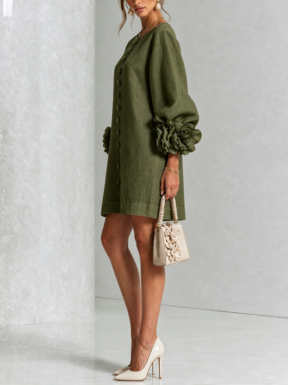 Vestido mini camisero floral verde oliva con puños florales llamativos