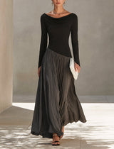 Martina | Vestido Maxi Plisado Bicolor Negro y Gris con Escote Drapeado