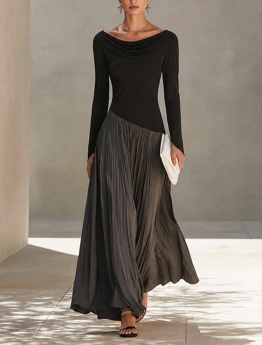 Martina | Vestido Maxi Plisado Bicolor Negro y Gris con Escote Drapeado
