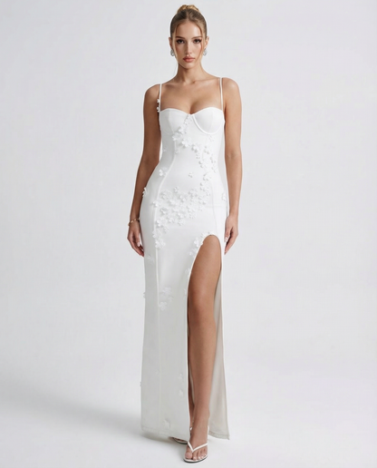 ARIA LUNA SLIT - Vestido Maxi Corsé con Aplicaciones Florales y Abertura