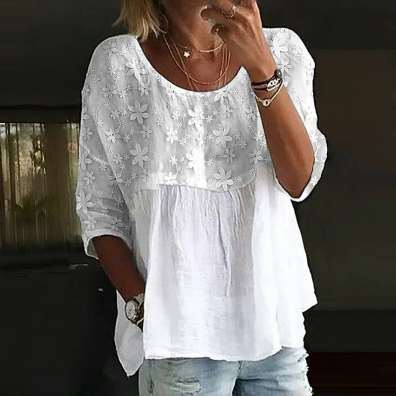 MINA - Blusa de Manga Tres Cuartos con Flores Bordadas