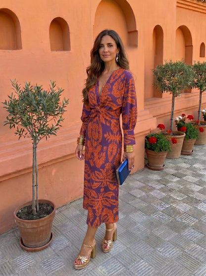 Vestido midi con estampado - Morado S