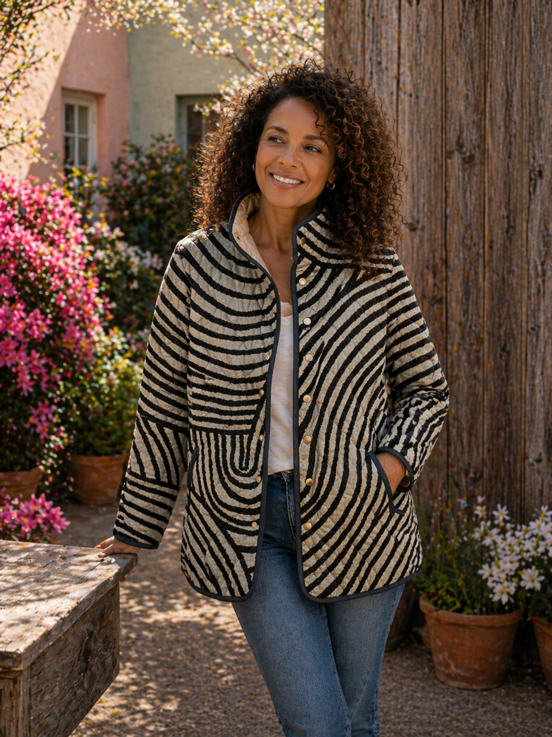 Inaya | Chaqueta Acolchada Retro con Círculos Dibujados a Mano
