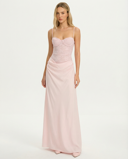 ROSE MUSE - Vestido Maxi con Corsé de Encaje y Falda Drapeada