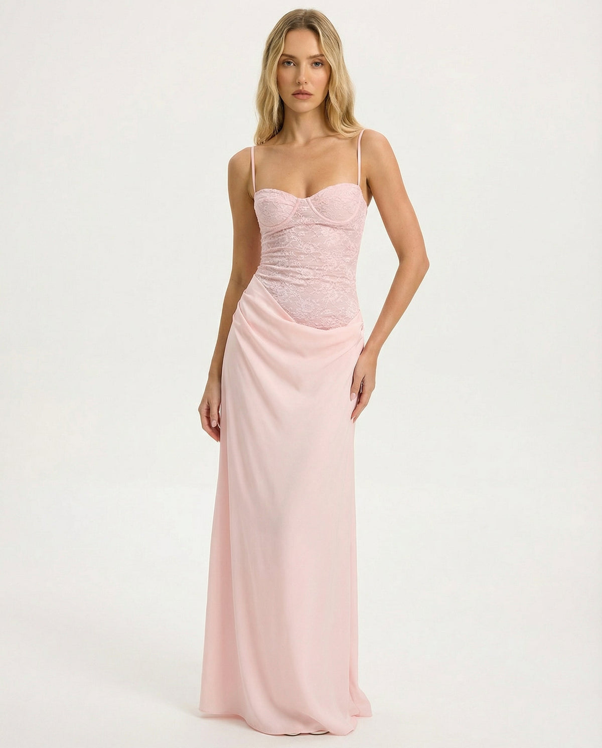 ROSE MUSE - Vestido Maxi con Corsé de Encaje y Falda Drapeada