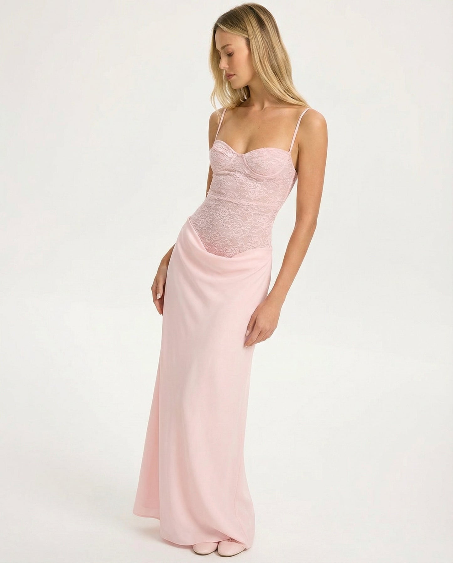 ROSE MUSE - Vestido Maxi con Corsé de Encaje y Falda Drapeada