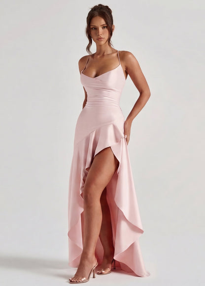 MUSE GOWN - Vestido Maxi Satinado con Espalda Cruzada y Abertura