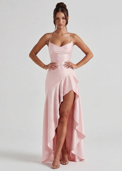 MUSE GOWN - Vestido Maxi Satinado con Espalda Cruzada y Abertura