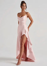 MUSE GOWN - Vestido Maxi Satinado con Espalda Cruzada y Abertura