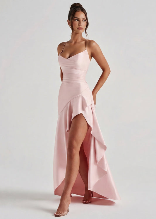 MUSE GOWN - Vestido Maxi Satinado con Espalda Cruzada y Abertura