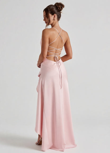 MUSE GOWN - Vestido Maxi Satinado con Espalda Cruzada y Abertura