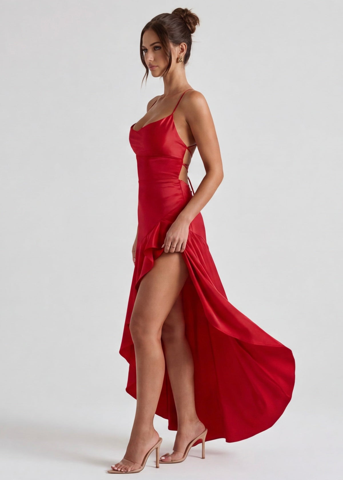 MUSE GOWN - Vestido Maxi Satinado con Espalda Cruzada y Abertura