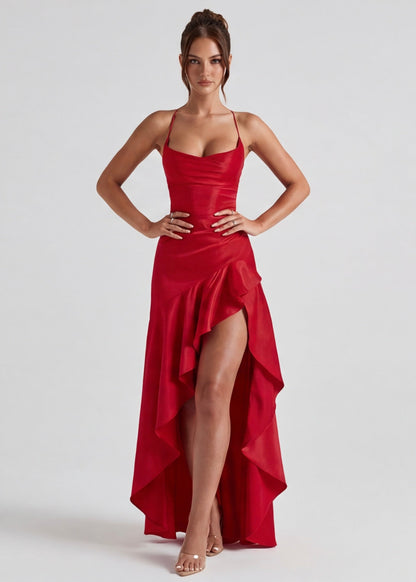 MUSE GOWN - Vestido Maxi Satinado con Espalda Cruzada y Abertura