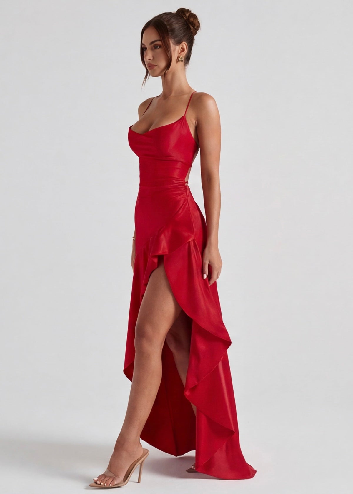 MUSE GOWN - Vestido Maxi Satinado con Espalda Cruzada y Abertura