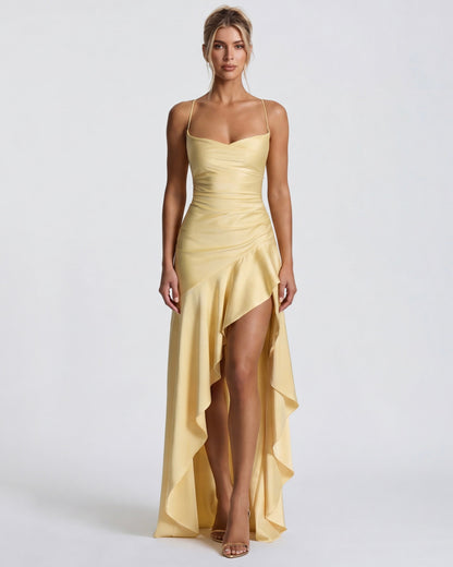 MUSE GOWN - Vestido Maxi Satinado con Espalda Cruzada y Abertura