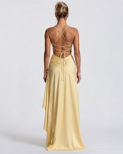 MUSE GOWN - Vestido Maxi Satinado con Espalda Cruzada y Abertura