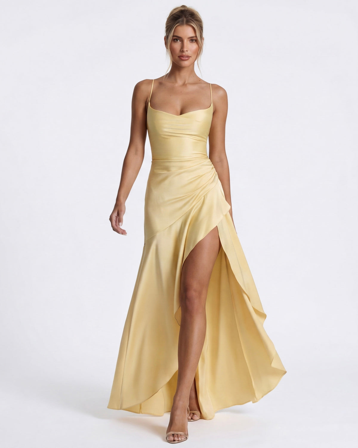MUSE GOWN - Vestido Maxi Satinado con Espalda Cruzada y Abertura