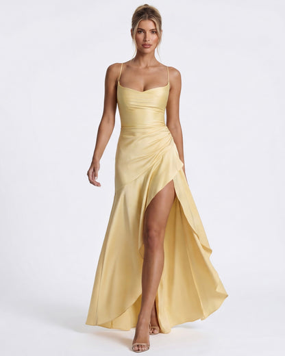 MUSE GOWN - Vestido Maxi Satinado con Espalda Cruzada y Abertura