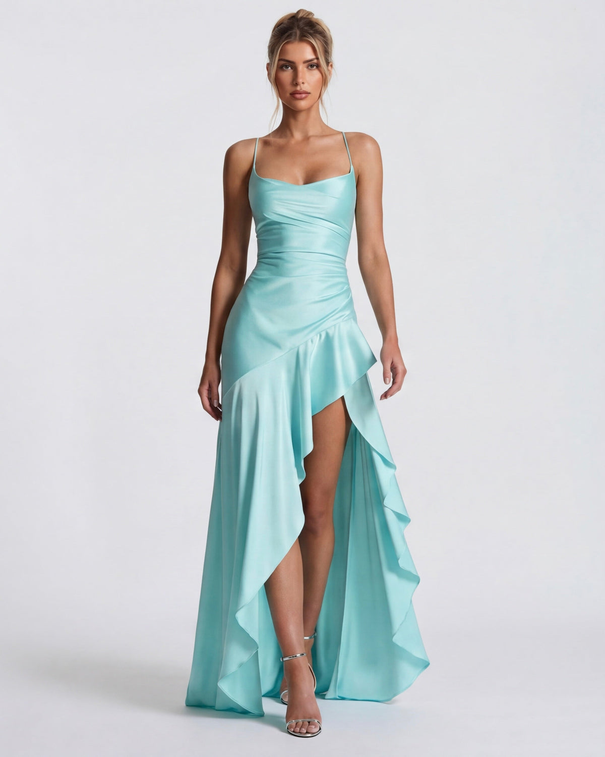 MUSE GOWN - Vestido Maxi Satinado con Espalda Cruzada y Abertura