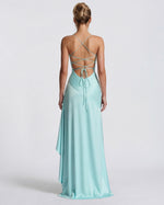 MUSE GOWN - Vestido Maxi Satinado con Espalda Cruzada y Abertura