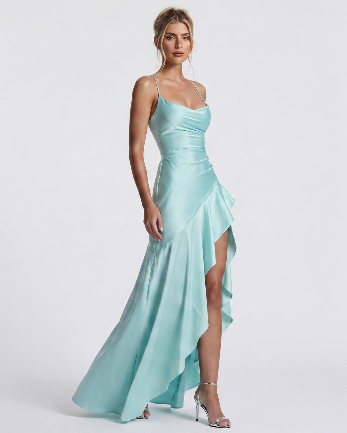 MUSE GOWN - Vestido Maxi Satinado con Espalda Cruzada y Abertura